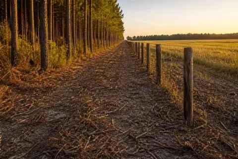 Freshly mulched corridor along an old farm fence line with cedar posts and rusted wire visible again