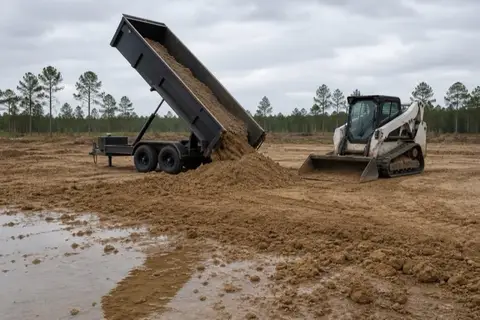 Trailer unloading tan borrow at a homesite's low corner as a skid-steer pushes it toward grade