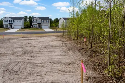 Half-cleared subdivision lot with surveyor stakes, smooth sandy ground on one side and standing pines on the other