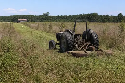 Tractor and rotary cutter mowing chest-high broomsedge with a reclaimed green strip stretching behind