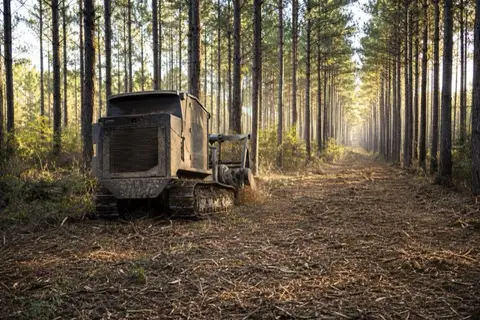 Mulcher clearing dense understory between straight rows of mature loblolly pines with low sun through the stand