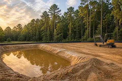 New stormwater pond taking on its first tea-colored water next to a compacted pad and a kept pine buffer