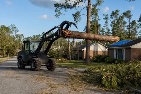Loader with a grapple hoisting a broken loblolly off a front yard, limb piles waiting at the street